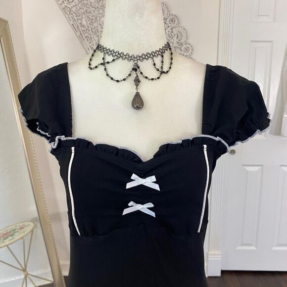 Vintage Gothic Whimsygoth Goth Black White Lolita Milkmaid Bow Midi Dress M - Picture 5 of 8